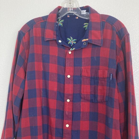 Chubbies Shirt Mens Large Red Blue Plaid Flannel Reversible Palm Tree Casual - Picture 2 of 12